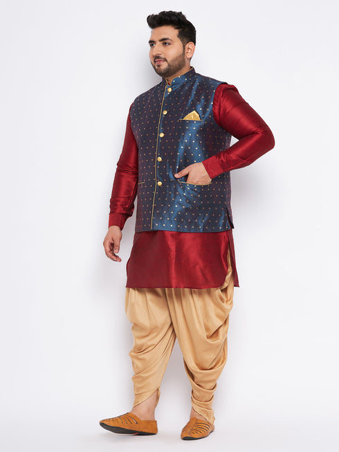 Men's Plus Size Blue Zari Weaved Nehru Jacket With Curved Kurta Dhoti Set
