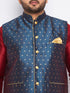 Men's Plus Size Blue Zari Weaved Nehru Jacket With Curved Kurta Dhoti Set