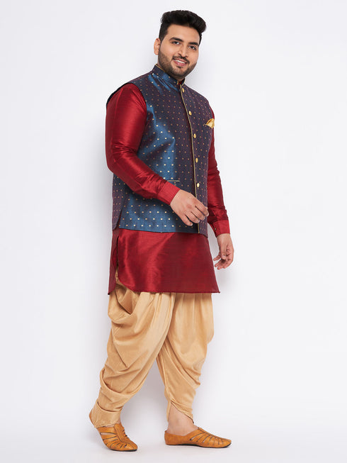 Men's Plus Size Blue Zari Weaved Nehru Jacket With Curved Kurta Dhoti Set