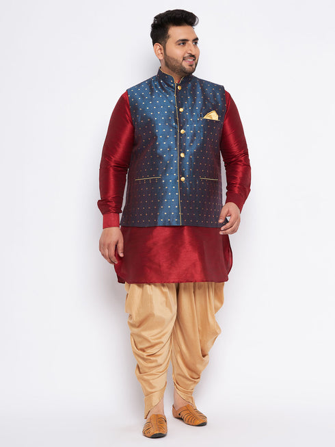 Men's Plus Size Blue Zari Weaved Nehru Jacket With Curved Kurta Dhoti Set