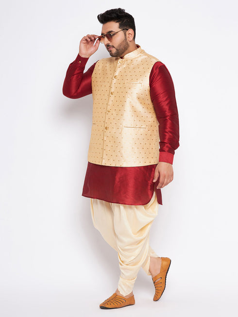 Men's Plus Size Gold Zari Weaved Nehru Jacket With Curved Kurta Dhoti Set