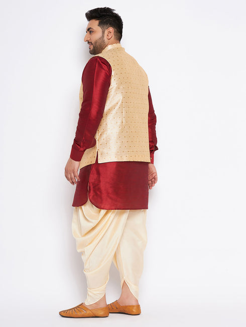 Men's Plus Size Gold Zari Weaved Nehru Jacket With Curved Kurta Dhoti Set
