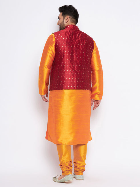 Men's Plus Size Maroon Zari Weaved Nehru Jacket With Kurta Pyjama Set