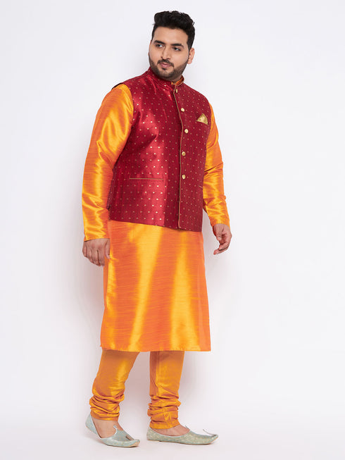 Men's Plus Size Maroon Zari Weaved Nehru Jacket With Kurta Pyjama Set