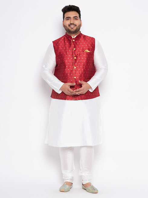 Men's Plus Size Maroon Zari Weaved Nehru Jacket With Kurta Pyjama Set