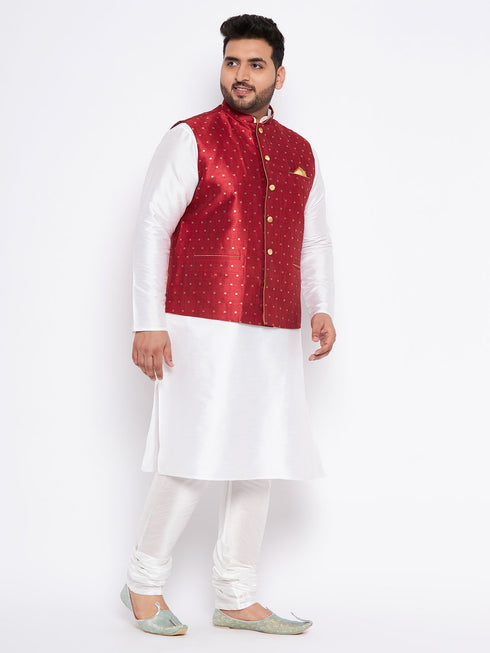 Men's Plus Size Maroon Zari Weaved Nehru Jacket With Kurta Pyjama Set