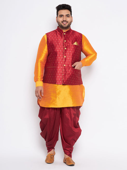 Men's Plus Size Maroon Zari Weaved Nehru Jacket With Curved Kurta Dhoti Set