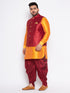 Men's Plus Size Maroon Zari Weaved Nehru Jacket With Curved Kurta Dhoti Set