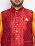 Men's Plus Size Maroon Zari Weaved Nehru Jacket With Curved Kurta Dhoti Set