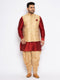 Men's Plus Size Rose Gold Woven Nehru Jacket With Maroon Kurta And Rose Gold Dhoti Set