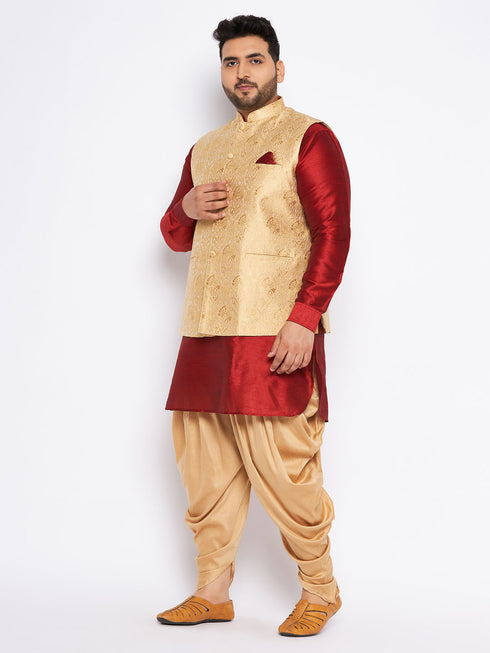 Men's Plus Size Rose Gold Woven Nehru Jacket With Maroon Kurta And Rose Gold Dhoti Set