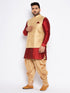Men's Plus Size Rose Gold Woven Nehru Jacket With Maroon Kurta And Rose Gold Dhoti Set