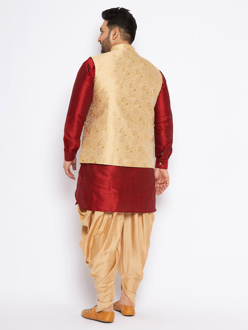 Men's Plus Size Rose Gold Woven Nehru Jacket With Maroon Kurta And Rose Gold Dhoti Set