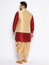 Men's Plus Size Rose Gold Woven Nehru Jacket With Maroon Kurta And Rose Gold Dhoti Set