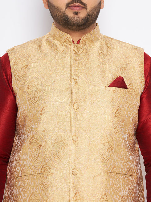 Men's Plus Size Rose Gold Woven Nehru Jacket With Maroon Kurta And Rose Gold Dhoti Set
