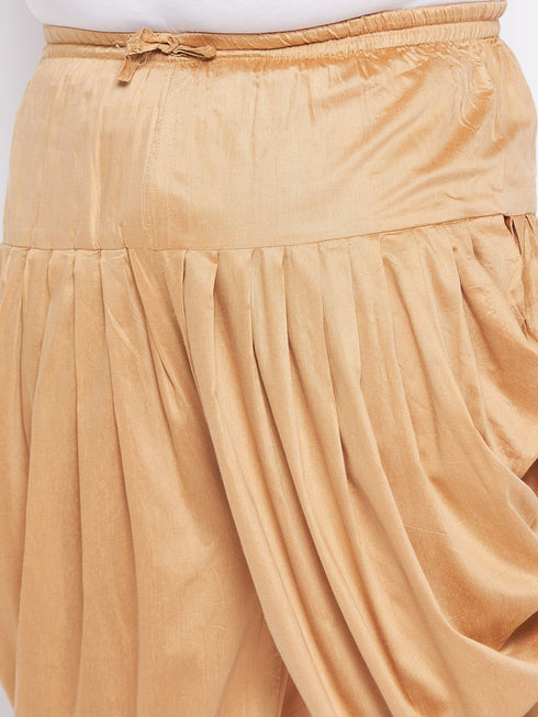 Men's Plus Size Rose Gold Woven Nehru Jacket With Maroon Kurta And Rose Gold Dhoti Set