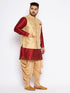 Men's Plus Size Rose Gold Woven Nehru Jacket With Maroon Kurta And Rose Gold Dhoti Set