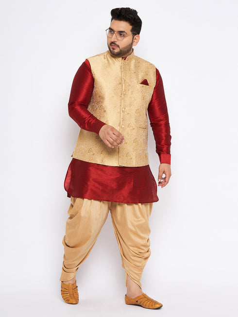Men's Plus Size Rose Gold Woven Nehru Jacket With Maroon Kurta And Rose Gold Dhoti Set