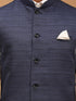 Men's Navy Blue Silk Blend Self Design Regular Nehru Jacket