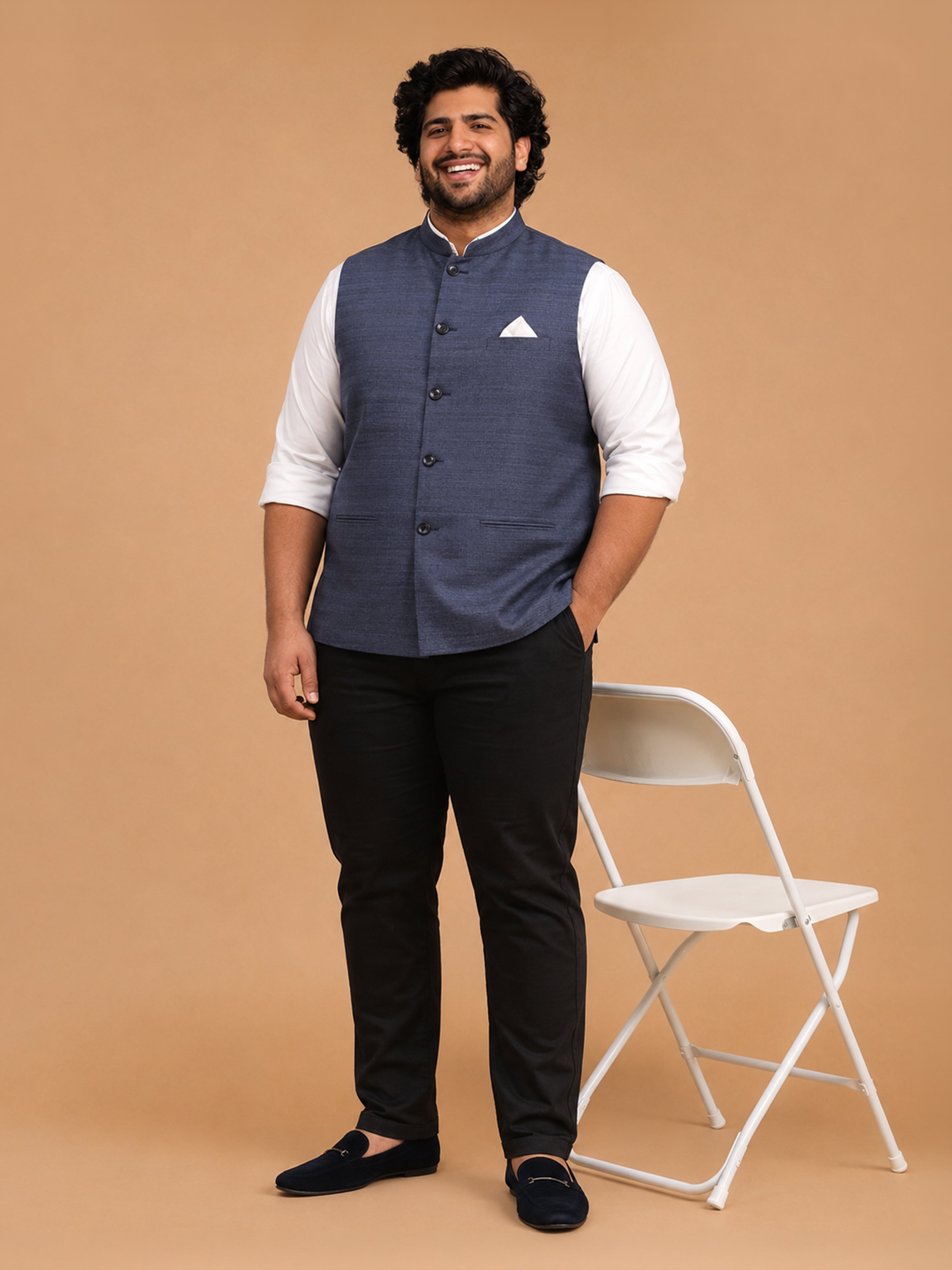 Men Navy Blue Self Design Self-Design Regular Nehru Jacket