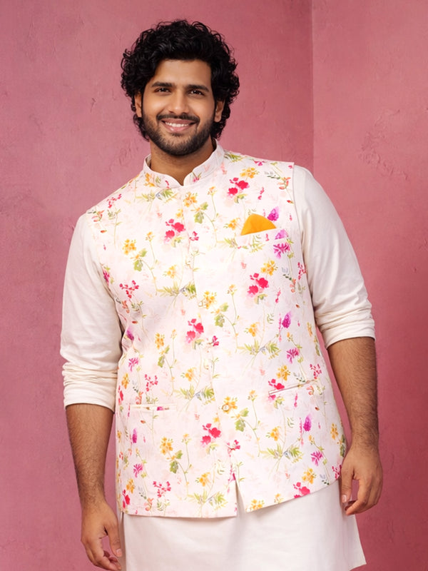White Silk Blend Floral Print Nehru Jacket for Men