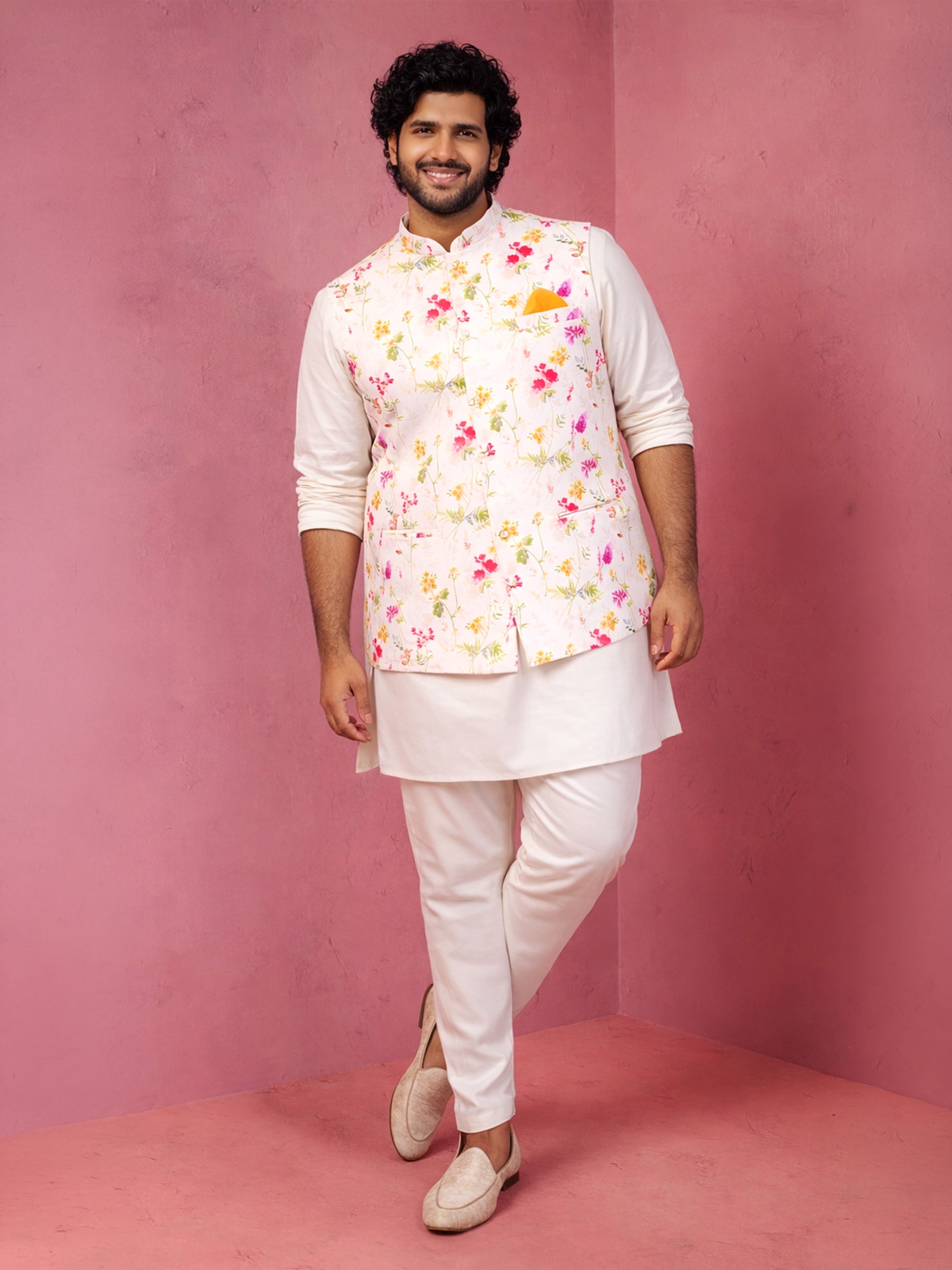 Men's White Silk Blend Floral Regular Nehru Jacket