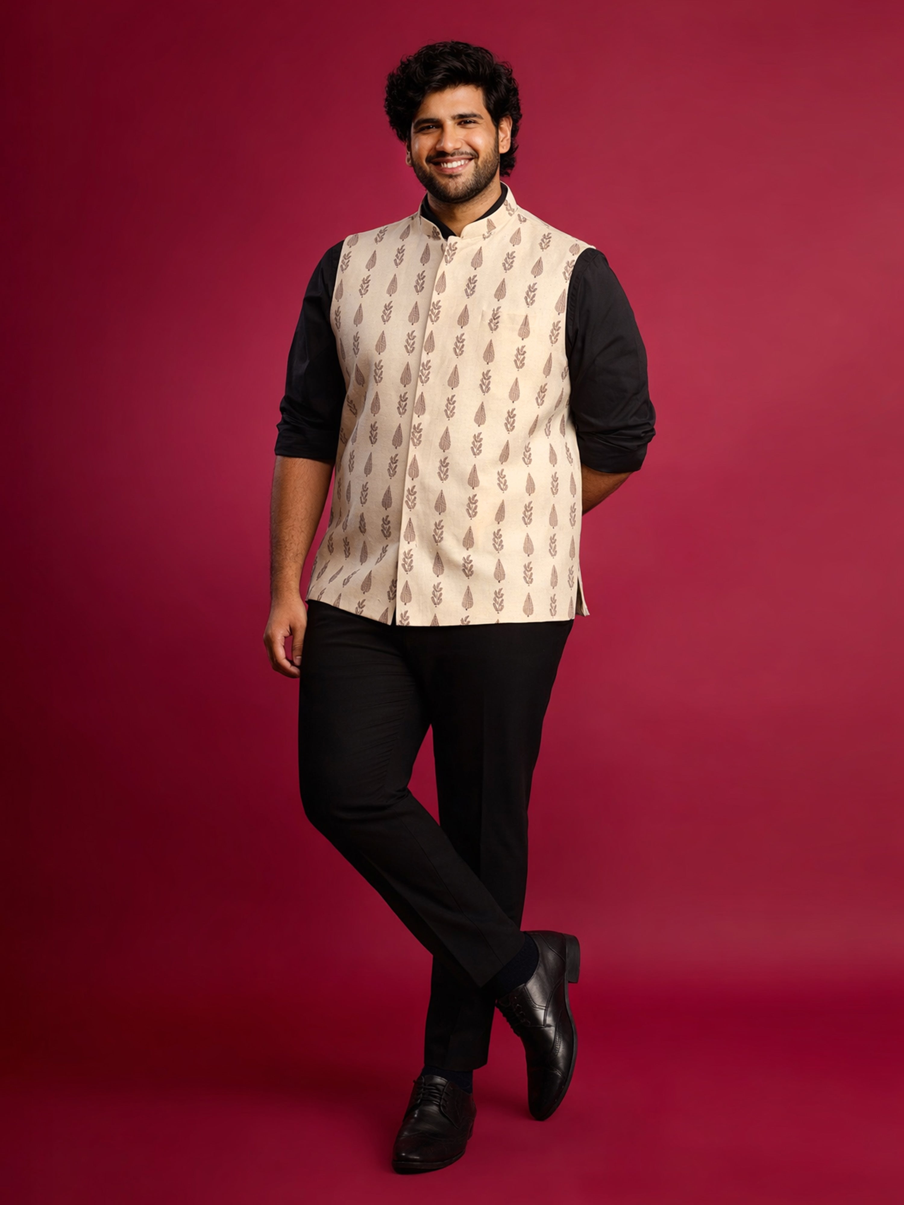 Men's Beige Cotton Floral Regular Nehru Jacket