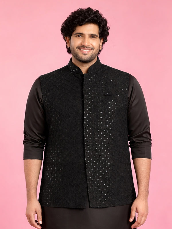 Men's Black Cotton Blend Geometric Sequin Nehru Jacket