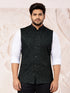 Dark Green Silk Blend Geometric Jacquard Nehru Jacket