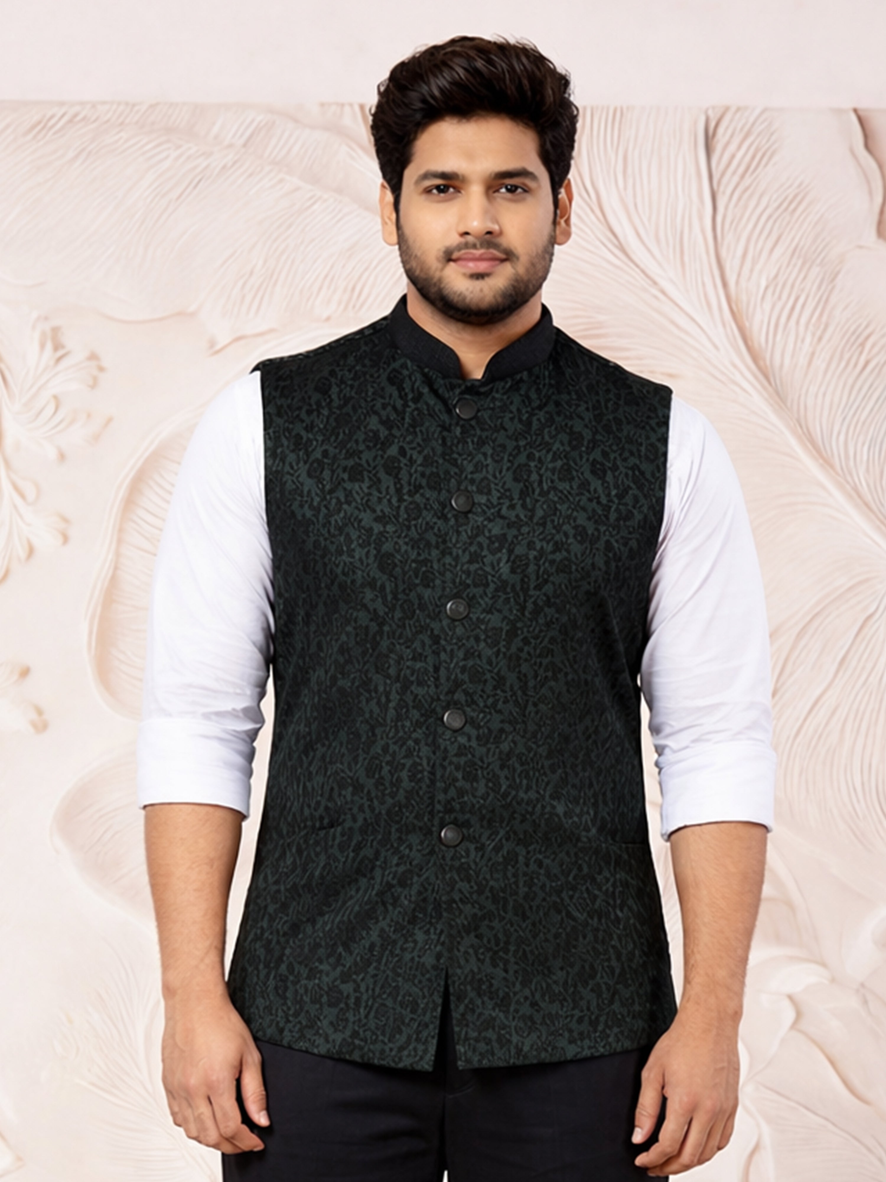 Men Dark Green Geometry Self-Design Regular Nehru Jacket