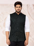 Men Dark Green Geometry Self-Design Regular Nehru Jacket