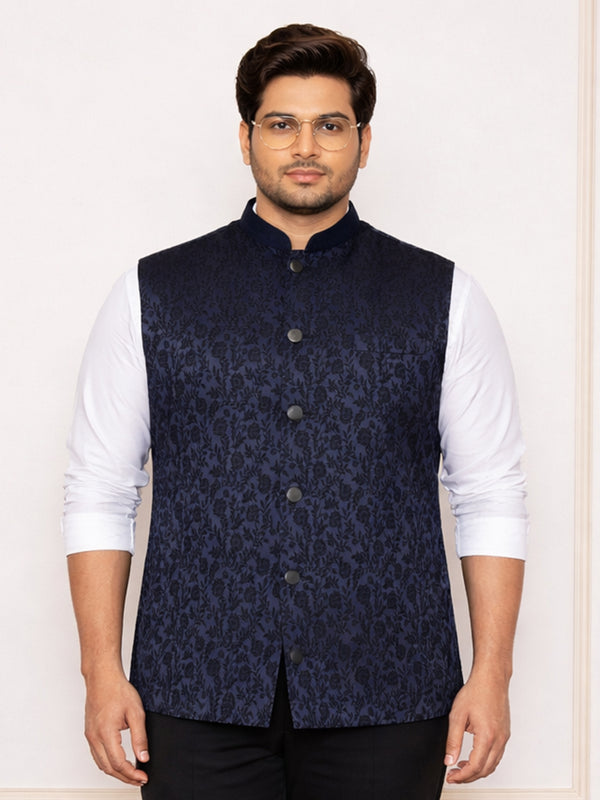 Men's Navy Blue Silk Blend Geometric Nehru Jacket