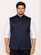 Men's Navy Blue Silk Blend Geometric Nehru Jacket