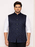 Men's Navy Blue Silk Blend Geometric Nehru Jacket