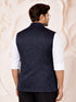 Men's Navy Blue Silk Blend Geometry Regular Nehru Jacket