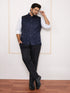 Men's Navy Blue Silk Blend Geometry Regular Nehru Jacket