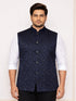 Men Navy Blue Geometry Self-Design Regular Jacket Style Nehru Jacket