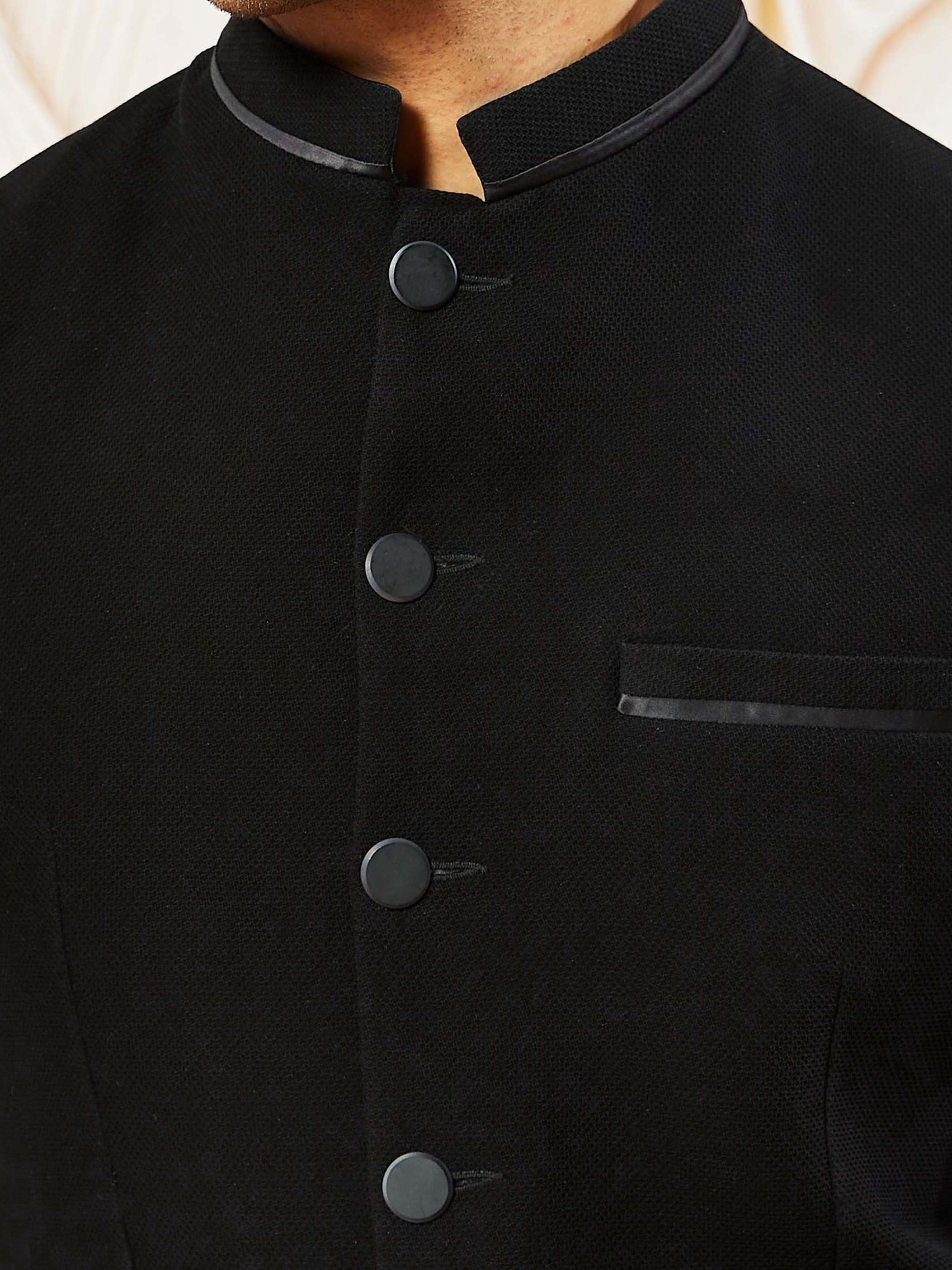 Men's Black Imported Suiting Lycra Solid Regular Nehru Jacket
