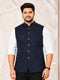Navy Blue Jacquard Nehru Jacket with Abstract Self Design