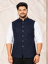 Navy Blue Jacquard Nehru Jacket with Abstract Self Design