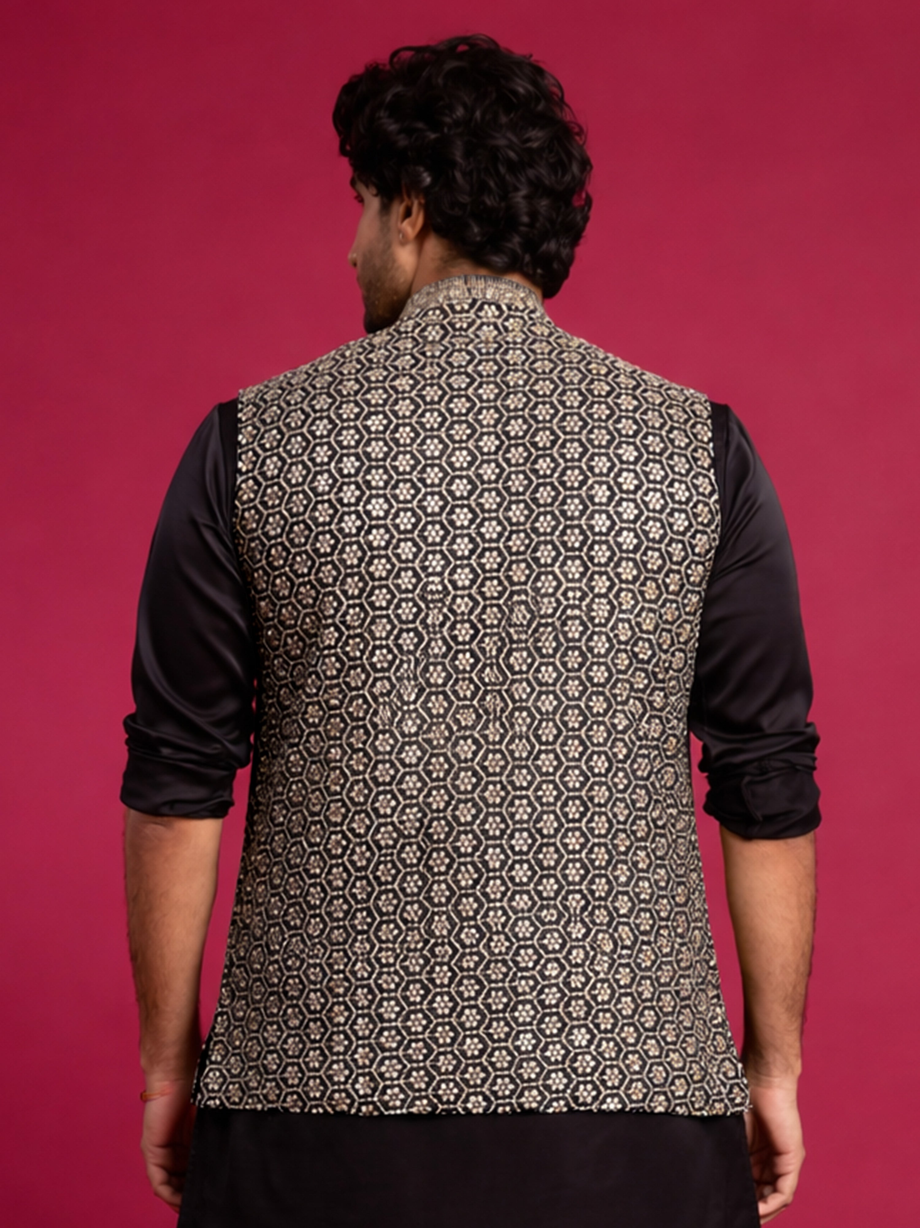 Men Black Geometry Zari Work Regular Nehru Jacket