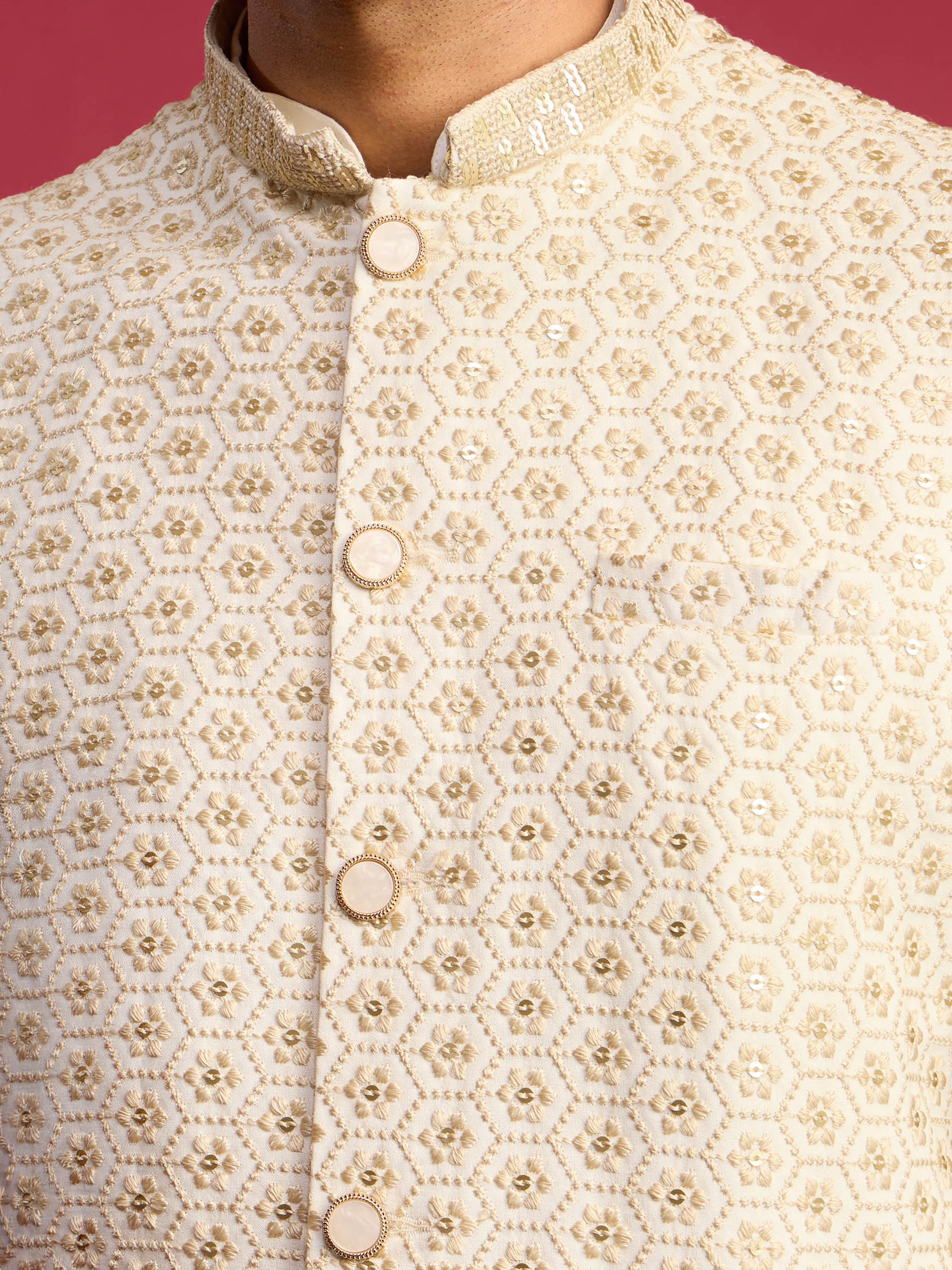 Men's Off-White Rayon Geometry Regular Nehru Jacket