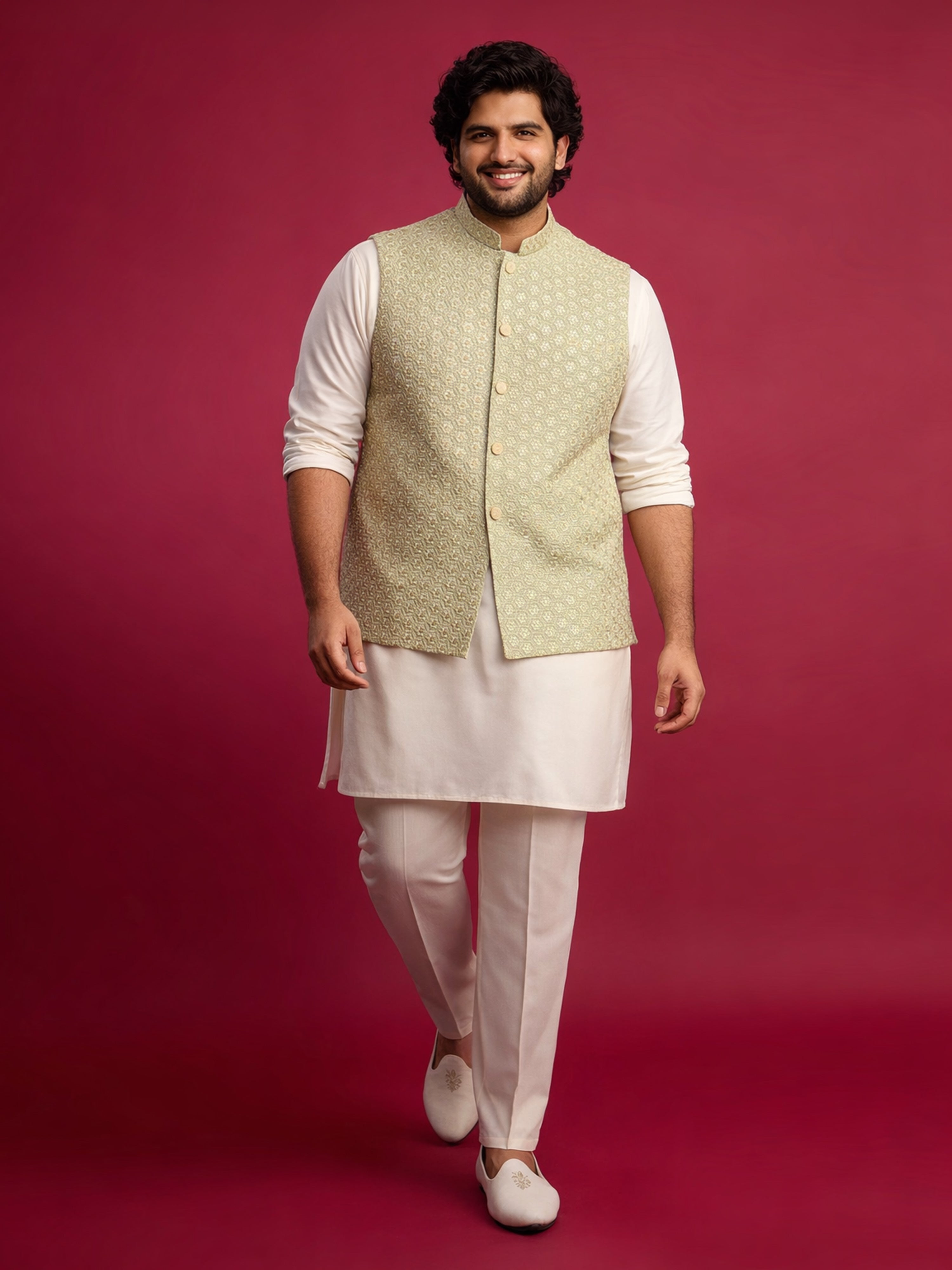 Men Light Green Geometry Zari Work Regular Nehru Jacket