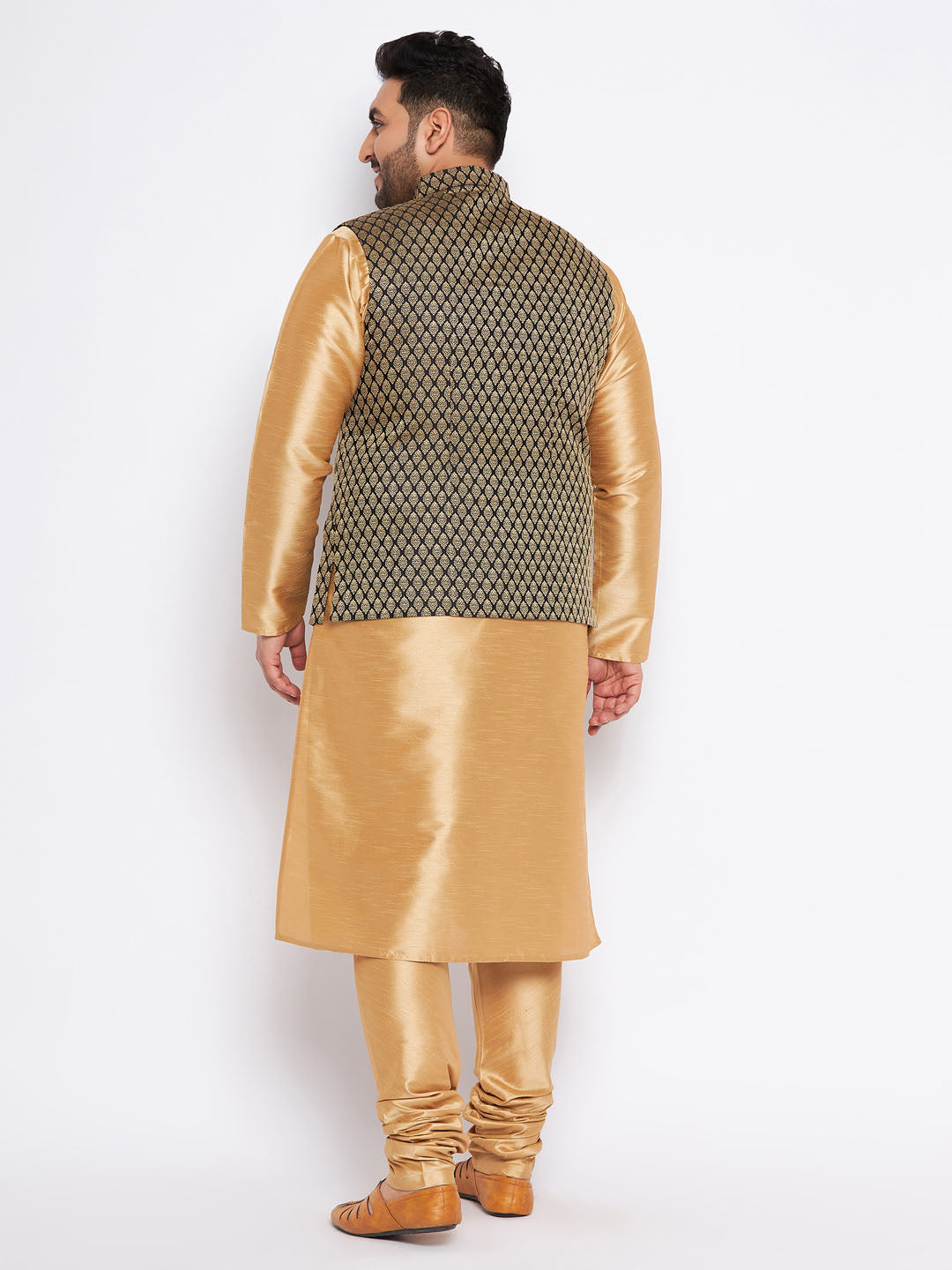 Men's Plus Size Black Ethnic Jacket With Rose Gold Silk Blend Kurta Pyjama Set
