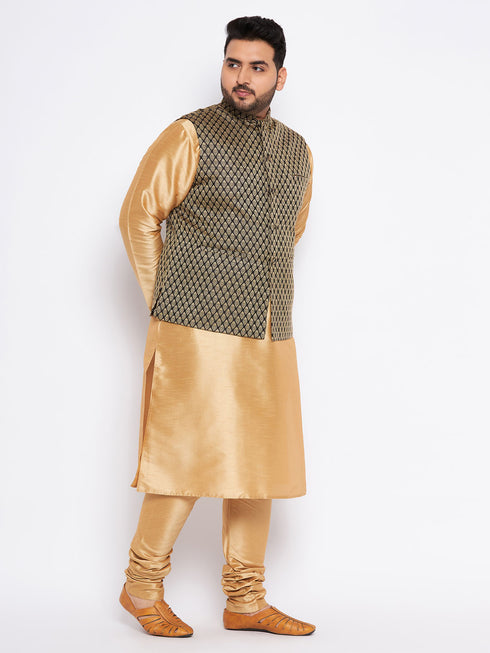 Men's Plus Size Black Ethnic Jacket With Rose Gold Silk Blend Kurta Pyjama Set