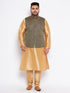 Men's Plus Size Black Ethnic Jacket With Rose Gold Silk Blend Kurta Pyjama Set
