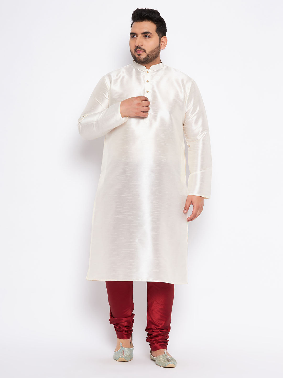 Men's Plus Size Cream Silk Blend Kurta Pyjama Set