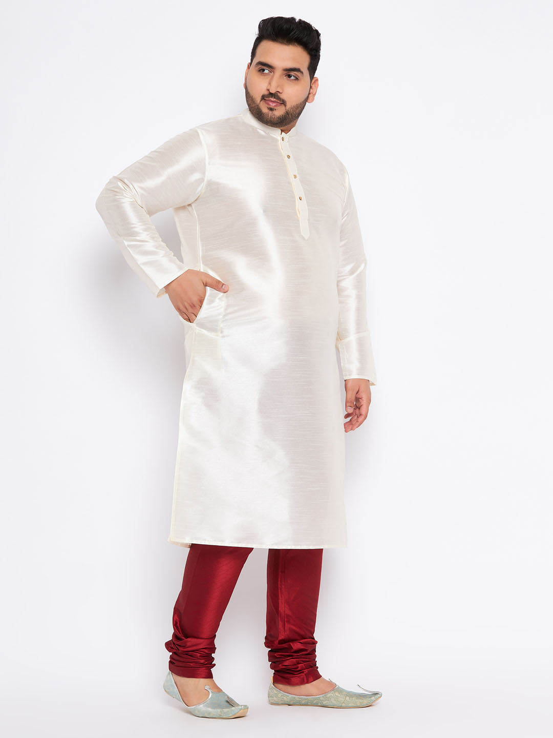 Men's Plus Size Cream Silk Blend Kurta Pyjama Set