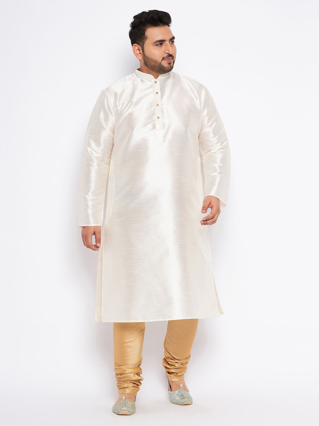 Men's Plus Size Cream Silk Blend Kurta Pyjama Set