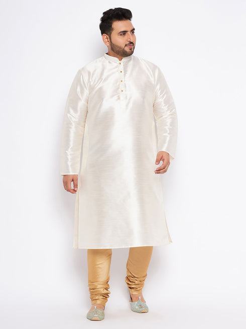 Men's Plus Size Cream Silk Blend Kurta Pyjama Set
